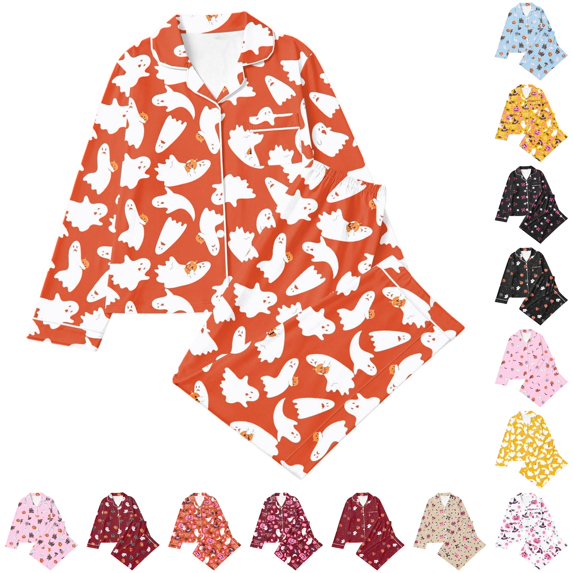 CUZIBR Girls Outfits Lapel Collar Long Sleeve Button Down Halloween Pumpkin Print Shirts And Trousers Loungewear Pajama For Home Comfort Clothes Sets,Orange-b,7-8 Years