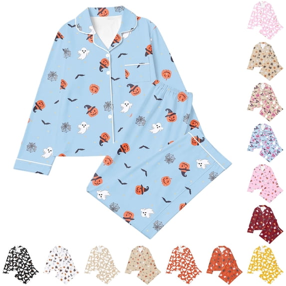 CUZIBR Girls Outfits Lapel Collar Long Sleeve Button Down Halloween Pumpkin Print Shirts And Trousers Loungewear Pajama For Home Comfort Clothes Sets,Sky Blue-a,7-8 Years
