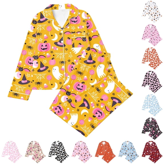 CUZIBR Girls Outfits Lapel Collar Long Sleeve Button Down Halloween Pumpkin Print Shirts And Trousers Loungewear Pajama For Home Comfort Clothes Sets,Yellow-c,13-14 Years