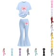 thumbnail image 1 of CUZIBR Girls Outfits Letter Print Crewneck Short Sleeve Stylish Casual Top Flared Pants Comfy Daily Wear For Toddler Kid Autumn Fashion Clothes Sets,Light Blue-2,12-13 Years, 1 of 5