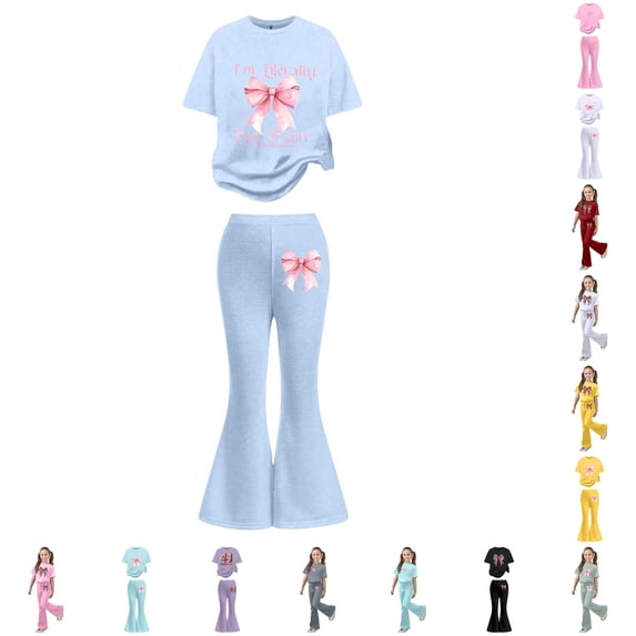 CUZIBR Girls Outfits Letter Print Crewneck Short Sleeve Stylish Casual Top Flared Pants Comfy Daily Wear For Toddler Kid Autumn Fashion Clothes Sets,Light Blue-2,12-13 Years