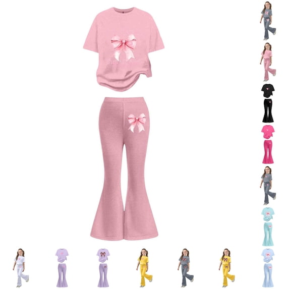 CUZIBR Girls Outfits Letter Print Crewneck Short Sleeve Stylish Casual Top Flared Pants Comfy Daily Wear For Toddler Kid Autumn Fashion Clothes Sets,Light Pink-2,7-8 Years