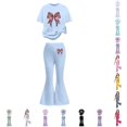 thumbnail image 1 of CUZIBR Girls Outfits Letter Print Crewneck Short Sleeve Stylish Casual Top Flared Pants Comfy Daily Wear For Toddler Kid Autumn Fashion Clothes Sets,Light Blue-4,11-12 Years, 1 of 5