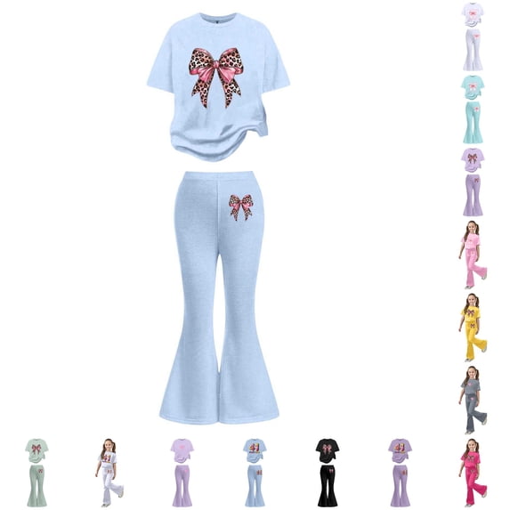 CUZIBR Girls Outfits Letter Print Crewneck Short Sleeve Stylish Casual Top Flared Pants Comfy Daily Wear For Toddler Kid Autumn Fashion Clothes Sets,Light Blue-4,11-12 Years