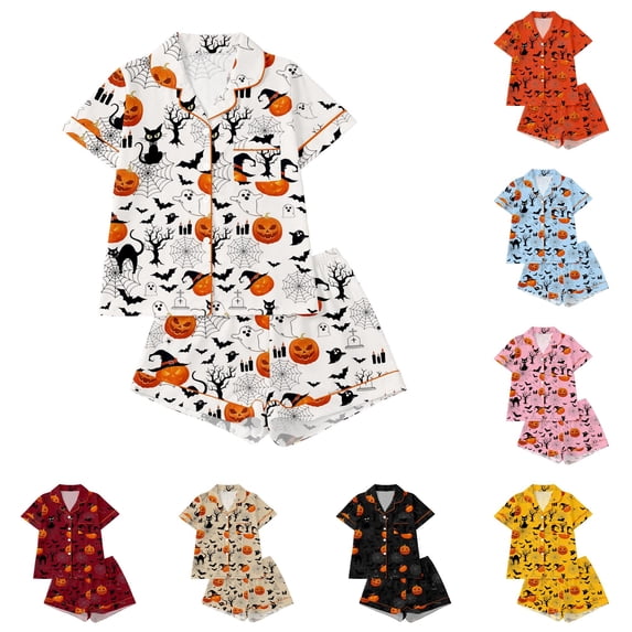 CUZIBR Girls Outfits Sets Halloween Pumpkin Bat Cat Print Lapel Button Short Sleeve Pajama Top Matching Shorts Two Piece Kids Sleepwear Set,White,5-6 Years