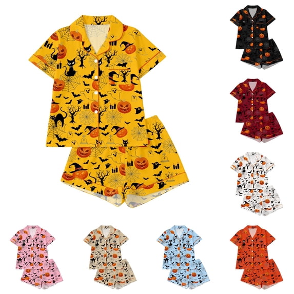 CUZIBR Girls Outfits Sets Halloween Pumpkin Bat Cat Print Lapel Button Short Sleeve Pajama Top Matching Shorts Two Piece Kids Sleepwear Set,Yellow,5-6 Years