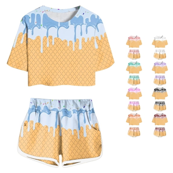CUZIBR Girls Outfits Sets Kids Ice Cream All Over Print Outfit Crew Neck Short Sleeve Tee Matching Shorts 2 Pieces Summer Daily Activities,Blue,8-9 Years