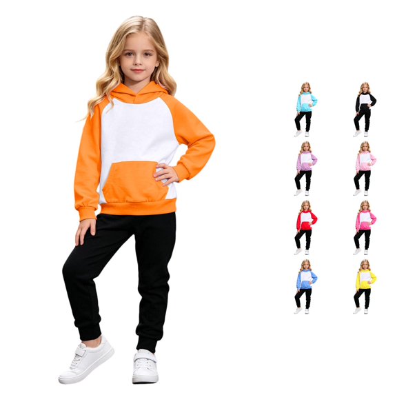 CUZIBR Girls Outfits Sets Raglan Color Block Kids Hoodie Front Pocket Hooded Pullover Sweatshirt Jogger Pants Two Piece Tracksuit,Orange,9-10 Years