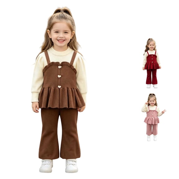 CUZIBR Girls Outfits Solid Color Crewneck Long Sleeve Button Down Ruffles Trim Knit Wear Fall Cozy Layered Sweater Two Piece Outfit Fashion Style For Toddlers Kids Clothes Sets,Khaki,1-2 Years