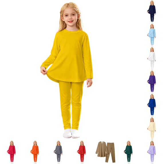 CUZIBR Girls Outfits Solid Color Crewneck Toddler Two Piece Outfit Long Sleeve Top And Pants Soft Layered Homewear For Kids Casual Daily Wear Back To School Clothes Sets,Yellow,3-4 Years