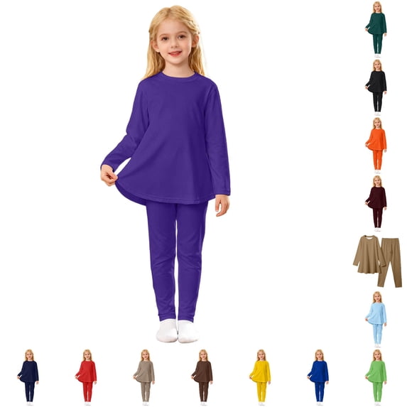 CUZIBR Girls Outfits Solid Color Crewneck Toddler Two Piece Outfit Long Sleeve Top And Pants Soft Layered Homewear For Kids Casual Daily Wear Back To School Clothes Sets,Dark Purple,11-12 Years