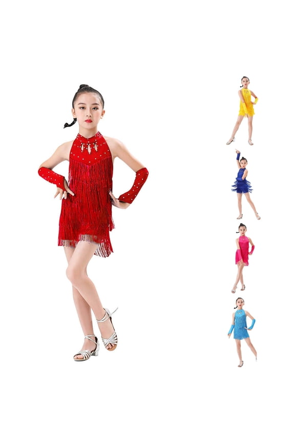 Girls Outfits Solid Color Sleeveless Performance Latin Dance Jumpsuit Training Fringe Dresses Competition Fashionable Clothes Sets,Red,8-9 Years
