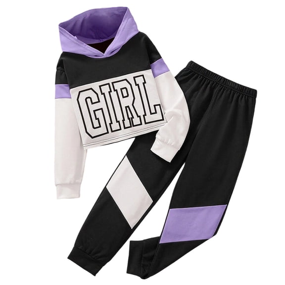 CUZIBR Girls Outfits Sweatshirt Suit Hoodie Long Sleeve Pullover Matching Trousers Color Block Letter Print Sport Sets Fall Winter Clothing For Girls,Purple,9-10 Years