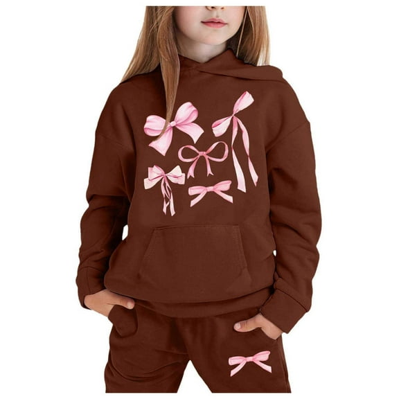 CUZIBR Girls Outfits Sweatsuit Long Sleeve Solid Warm Hoodie Pullover Sweatshirt Trousers Solid Color Sweat Suit Kids Clothing Set,Coffee,12-13 Years