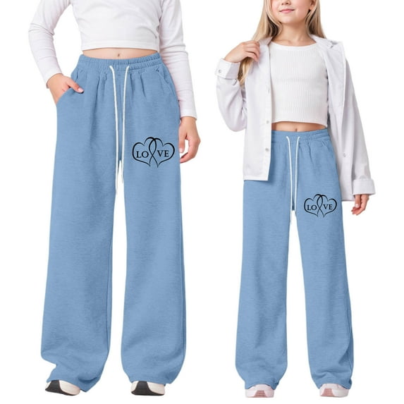 CUZIBR Girls Pants Cute Bow Heart Print Valentine'S Day Trousers Lightweight Straight Leg Pants Athletic Pants With Pockets Casual Soft Dailywear,Light Blue,10-11 Years