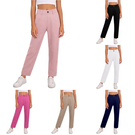CUZIBR Girls Pants Kids Dress Pants Stretchy Straight Leg Pants With Pockets Soft Solid Color High Waisted Trousers School Uniform Fashionable Summer Fall Casual Dailywear Bottoms ,Pink,11-12 Years