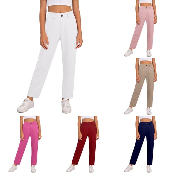 CUZIBR Girls Pants Kids Dress Pants Stretchy Straight Leg Pants With Pockets Soft Solid Color High Waisted Trousers School Uniform Fashionable Summer Fall Casual Dailywear Bottoms ,White,7-8 Years