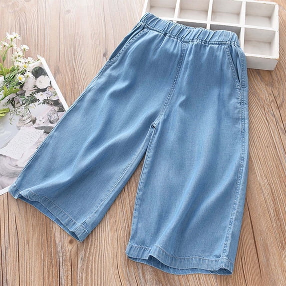 CUZIBR Girls Pants Solid Color Cropped Summer Lightweight Wide Leg Casual Trendy Stretch Denim Loose Fit Daily Wear Outdoor Comfortable Elastic Waist Trousers,Blue1,7-8 Years
