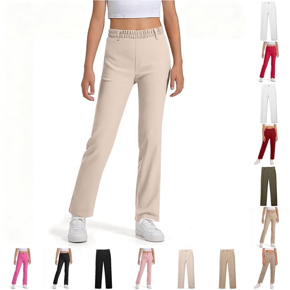 CUZIBR Girls Pants Solid Color Elastic High Waist Straight Leg Dress Pants Soft Loose Trousers For School With Pockets Casual Travel Dailywear,Beige-A,7-8 Years