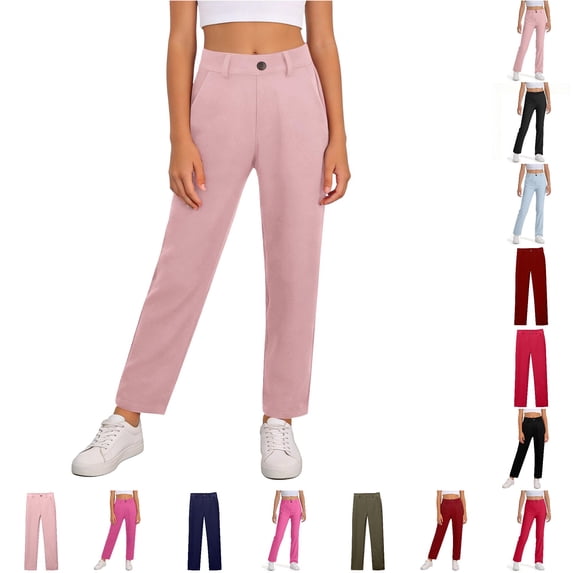 CUZIBR Girls Pants Solid Color Elastic High Waist Straight Leg Dress Pants Soft Loose Trousers For School With Pockets Casual Travel Dailywear,Pink-E,13-14 Years