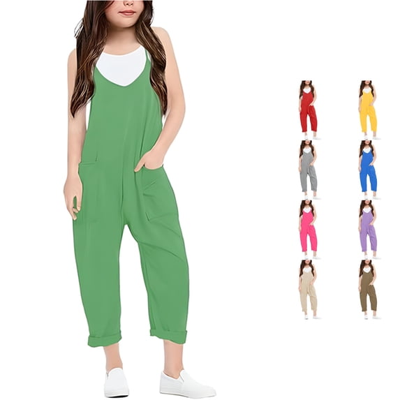 CUZIBR Girls Pants Solid Color Spaghetti Strap Jumpsuit Loose Wide Leg Cropped Jumpsuit Two Side Big Pockets Rolled Ankle Casual Summer Kids Romper Trousers,Green,7-8 Years