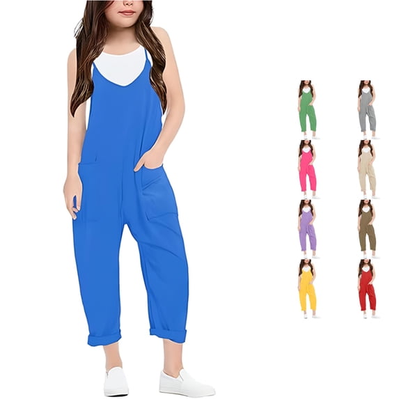 CUZIBR Girls Pants Solid Color Spaghetti Strap Jumpsuit Loose Wide Leg Cropped Jumpsuit Two Side Big Pockets Rolled Ankle Casual Summer Kids Romper Trousers,Blue,9-10 Years