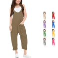 thumbnail image 1 of CUZIBR Girls Pants Solid Color Spaghetti Strap Jumpsuit Loose Wide Leg Cropped Jumpsuit Two Side Big Pockets Rolled Ankle Casual Summer Kids Romper Trousers,Khaki,9-10 Years, 1 of 6