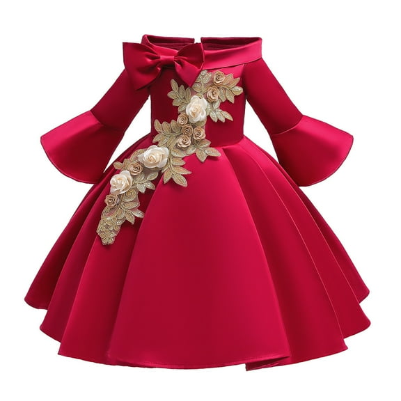 ZRBYWB Girls Princess Bridesmaid Pageant Gown Dresses Floral Embroidery Solid Color Off-Shoulder Flare Sleeve Big Bow A-Line Birthday Party Wedding Fall Dress,Red,5-6 Years