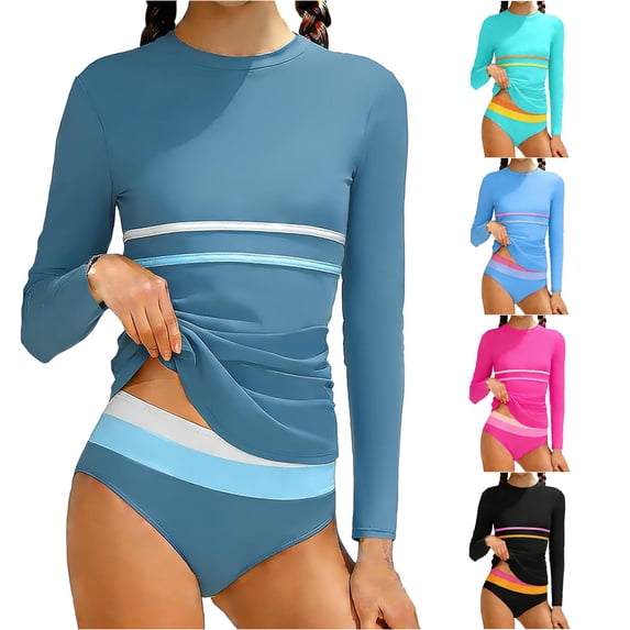 CUZIBR Girls Rash Guard Swimsuit Long Sleeve Crewneck Color Block Stripe Slim Fit Swim Shirts Top With Bikini Bottoms Bathing Suit For Teen Youth Kids Casual Comfortable Beachwear,Navy,15-16 Years