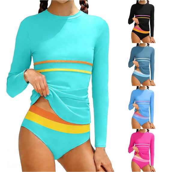 CUZIBR Girls Rash Guard Swimsuit Long Sleeve Crewneck Color Block Stripe Slim Fit Swim Shirts Top With Bikini Bottoms Bathing Suit For Teen Youth Kids Casual Beachwear,Mint Green,13-14 Years