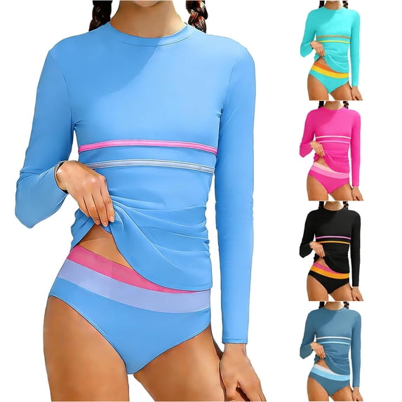 CUZIBR Girls Rash Guard Swimsuit Long Sleeve Crewneck Color Block Stripe Slim Fit Swim Shirts Top With Bikini Bottoms Bathing Suit For Teen Youth Kids Casual Comfortable Beachwear,Blue,15-16 Years