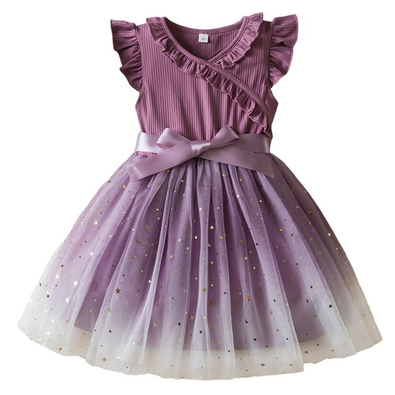 CUZIBR Girls Ruffles Fly Sleeve Tutu Dress Christmas Knitted V-Neck High Waist Sparkly Star Print Cute Bow Winter Party Princess Mesh Christmas Dress,Purple,3-4 Years