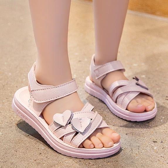 CUZIBR Girls Sandals Shoes Solid Color Ankle Hook And Loop Strap Flower Graphic Open Toe Comfortable Lightweight Breathable Summer Casual Footwear Wedding Party Casual Flat Sandals,Pink,5-6 Years