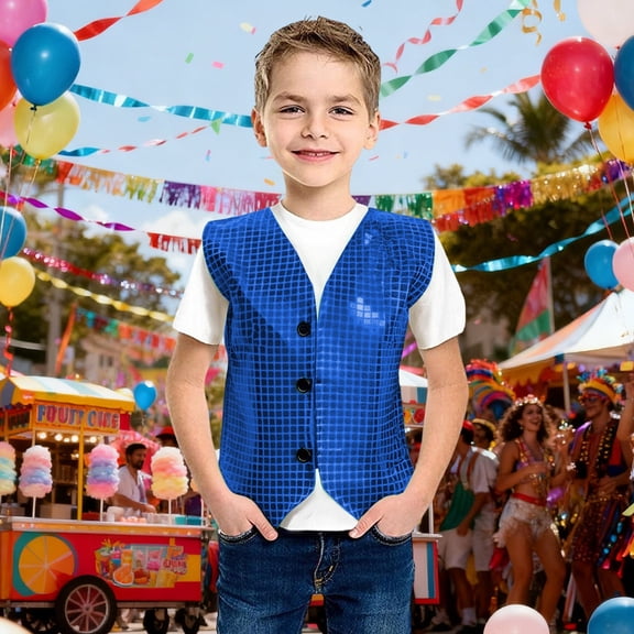 CUZIBR Girls Shirt Girls Sequin Top Sleeveless V-Neck Tank Top Button Down Vest Carnival Vest Glitter Party Dancewear Waistcoat Cute Trendy Tops ,Blue,11-12 Years