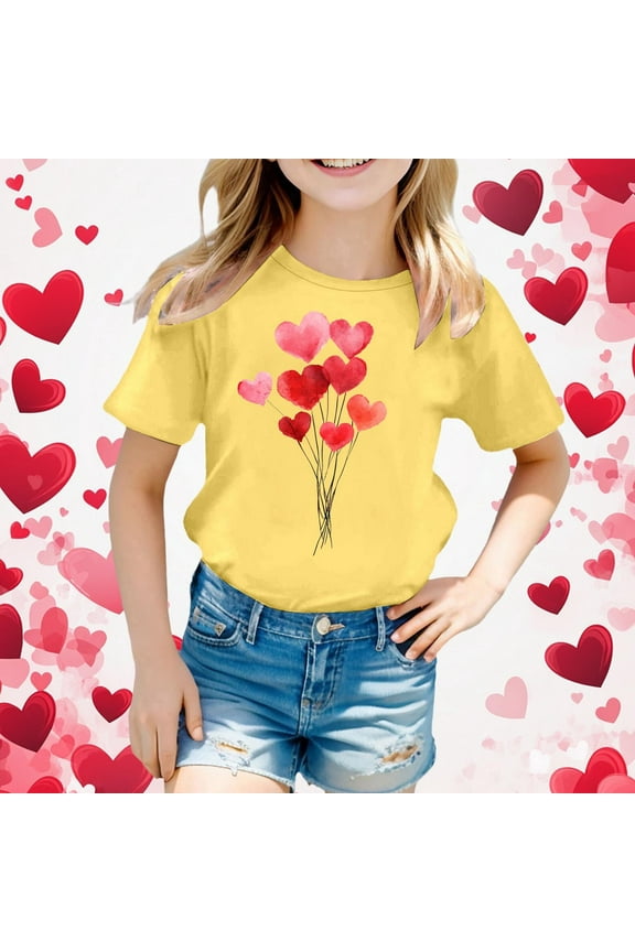 Girls Shirt Love Heart Print T-Shirts Valentine'S Day Short Sleeve Crewneck Soft Cozy Relaxed Casual Fitted Blouse,Yellow,12-13 Years