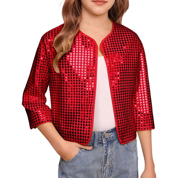CUZIBR Girls Shirt Sequins Top Shiny Sparkly Long Sleeve Open Front Cardigan Coats Carnival Cheerleader Stage Performance Jacket Athletic Baggy Tops,Red,11-12 Years