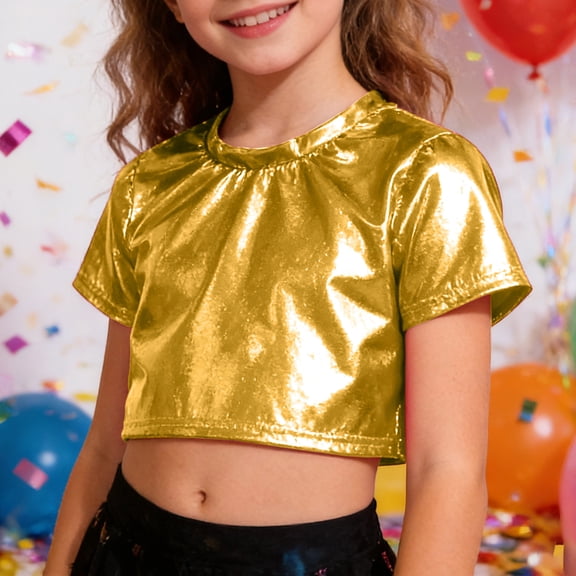 CUZIBR Girls Shirt Shine Sequins Shirts Crop Top Short Sleeve Round Neck Carnival Performance Glitter Sequin Stretch Tee Dancewear Cute Tops,Gold,9-10 Years