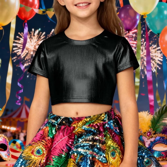 CUZIBR Girls Shirt Shine Sequins Shirts Crop Top Short Sleeve Round Neck Carnival Performance Glitter Sequin Stretch Tee Dancewear Graphic Cotton Tee Top,Black,3-4 Years