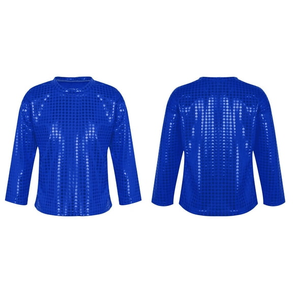 CUZIBR Girls Shirt Stylish Sequin Top Shirts Glitter Solid Color Long Sleeve Round Neck Party Carnival Gown T-Shirt Cute Tops,Blue,5-6 Years
