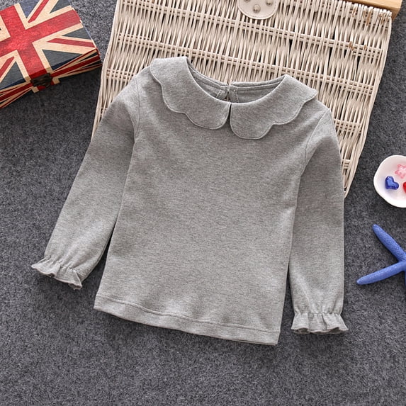 CUZIBR Girls Shirts Peter Pan Collar Solid Ruffles Long Sleeve Basic Shirt Blouse Stylish Comfortable Daily Wear Casual Comfy Dailywear,Grey,5-6 Years