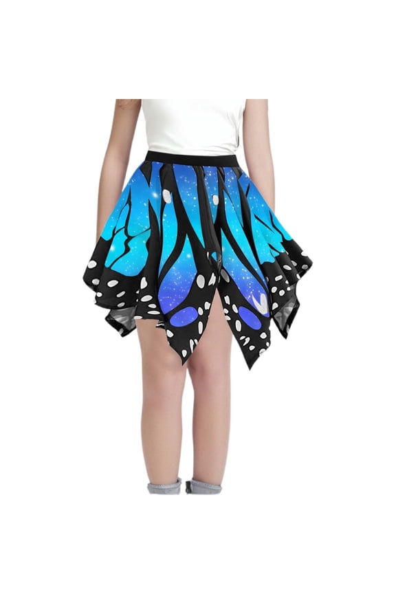 Girls Short Skirt Butterflies Print High Waist Stylish Ruffles Irregular Hem Mini Skirts For Teens Toddler Carnival Party Festival Streetwear,Blue,9-10