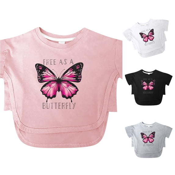 CUZIBR Girls Short Sleeve Basic Tees Shirts Cute Butterfly Letter Graphic Crew Neck Casual Summer Tshirts For Toddler Kids Outdoor Lightweight Fashionable Tops,Pink,8-9 Years