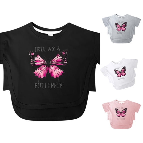 CUZIBR Girls Short Sleeve Basic Tees Shirts Cute Butterfly Letter Graphic Crew Neck Casual Summer Tshirts For Toddler Kids Outdoor Lightweight Fashionable Tops,Black,4-5 Years
