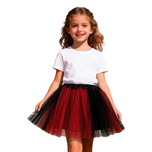 CUZIBR Girls Short Tutu Skirt Tiered Patchwork Color Skirts Elastic Waist Mesh Princess Carnival Fashion Dancewear,Red,3-8Years