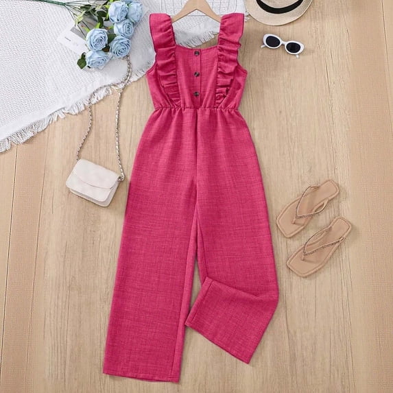 CUZIBR Girls Sleeveless Jumpsuit Ruffle Trim Romper Ruffles Solid Color High Waist Pleated Button Front Long Suspender Trousers Square Collar Fashionable Cozy Overall Outfits,Hot Pink,7-8 Years