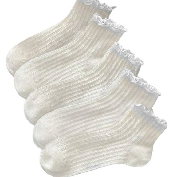 CUZIBR Girls Socks 5 Pairs Ruffle Breathable Short Ankle Socks Solid Color Low Cut Half Cushion Low Rise Lace Mesh Sock Soft Comfy Dailywear,White,2-5 Years