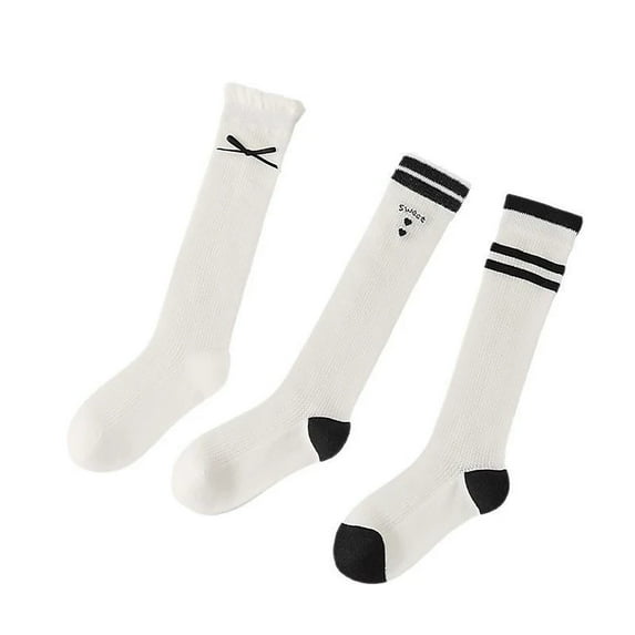 CUZIBR Girls Socks Breathable Mesh Seamless Mid Calf Socks Casual School Uniform Knee High Socks Cute Bow Striped Color Block Stockings,White,3-5 Years