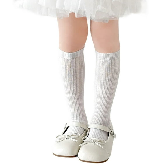CUZIBR Girls Socks Breathable Mesh Seamless Mid Calf Socks Casual School Uniform Knee High Socks Cute Bow Striped Color Block Stockings,White,5-8 Years