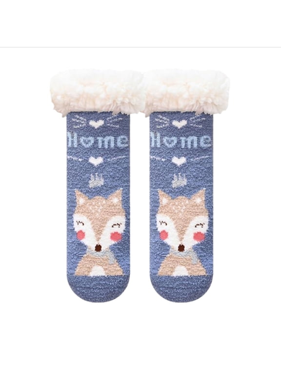 Girls Socks Cute Christmas Tree Deer Animal Cartoon Print Fuzzy Wool Thick Winter Warm Slipper Socks Anti- Soft Comfy Breathable Boot Crew Socks,Blue,0 -6 Months