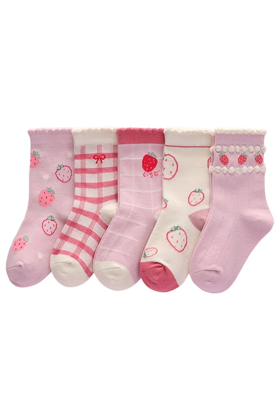 Girls Socks Ruffle Trim Breathable Soft Ankle Socks Cute Cartoon Print Strawberry Flower Plaid Pattern Striped 5 Pairs Cute Socks,Pink,6-8 Years